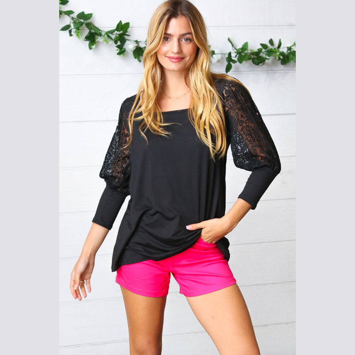 Black Lace Three Quarter Bubble Sleeve Top