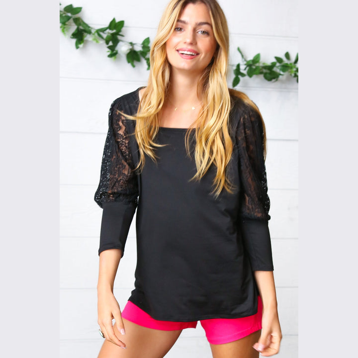 Black Lace Three Quarter Bubble Sleeve Top