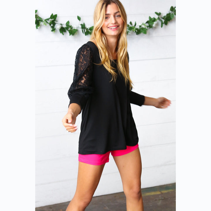 Black Lace Three Quarter Bubble Sleeve Top