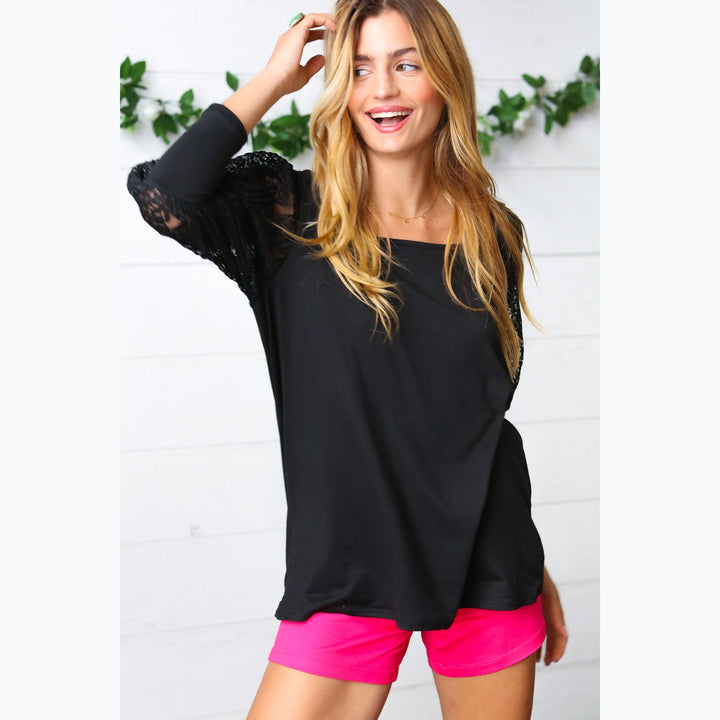 Black Lace Three Quarter Bubble Sleeve Top