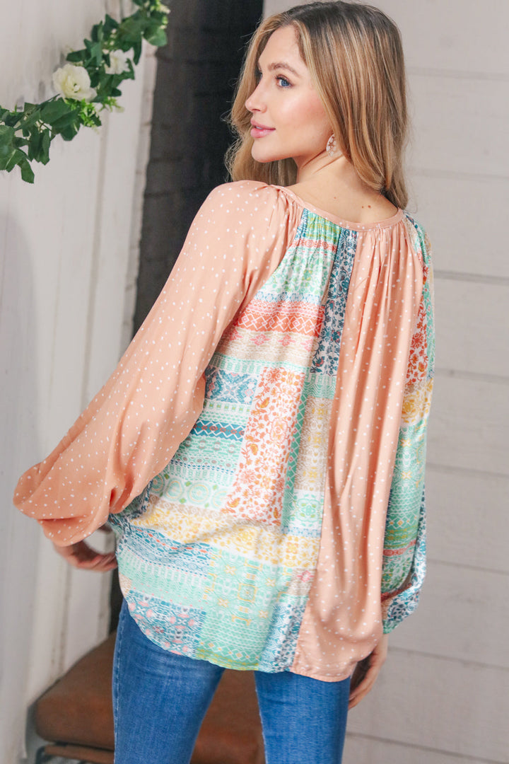 Peach & Mint Floral Color Block Raglan Peasant Top