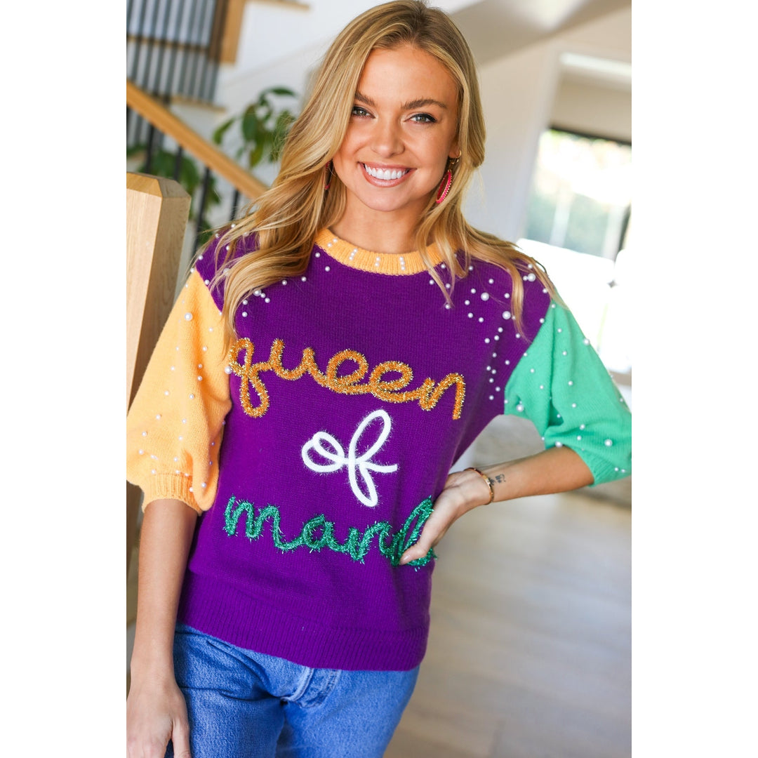 "Queen of Mardi" Pearl & Tinsel Color Block Knit Top