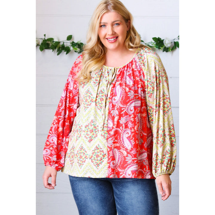 Scarlet Paisley and Floral Chevron Bubble Sleeve Top