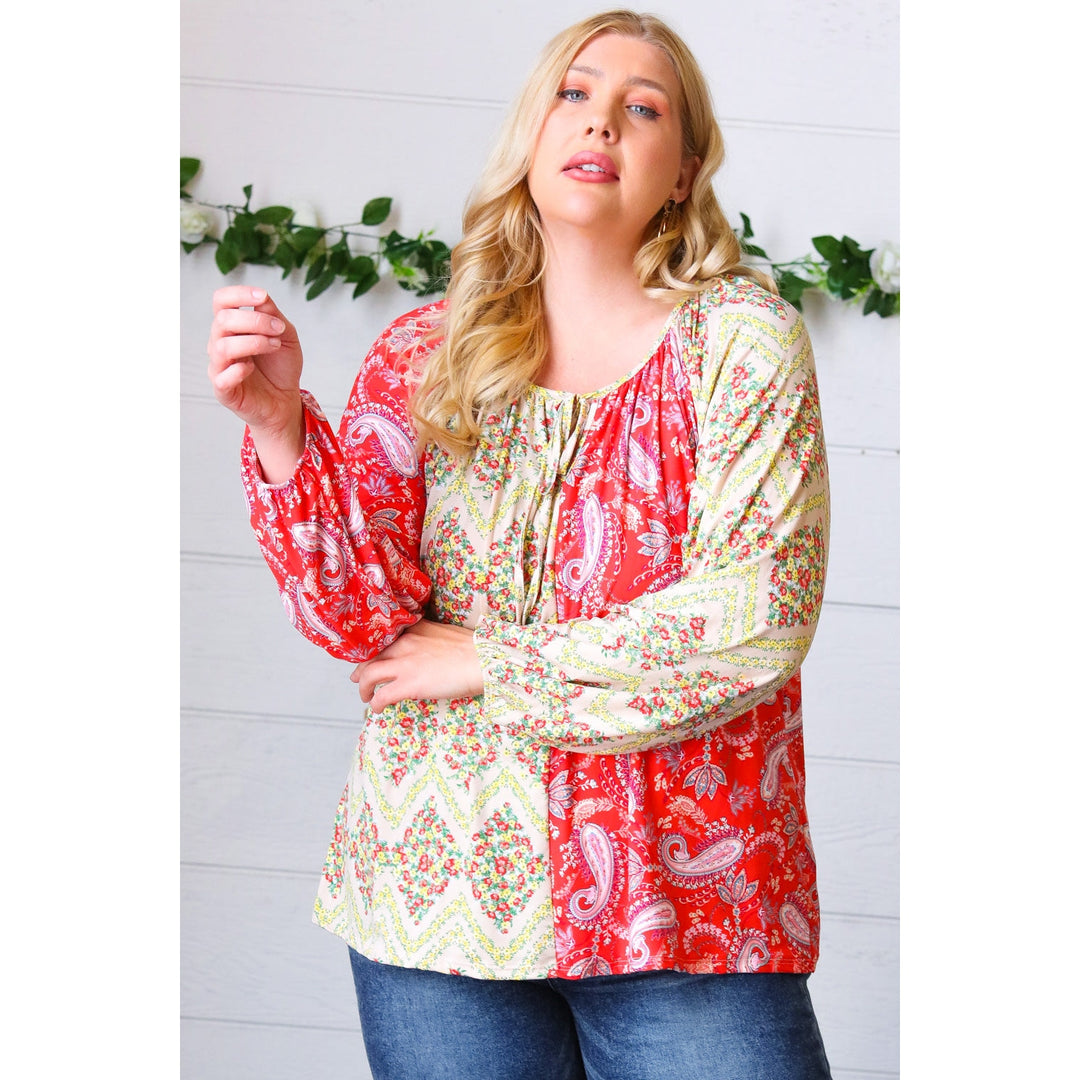 Scarlet Paisley and Floral Chevron Bubble Sleeve Top