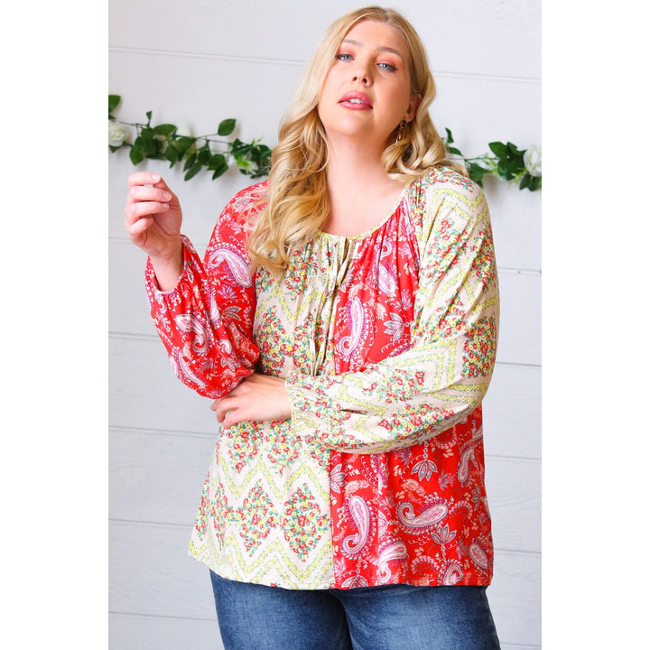 Scarlet Paisley and Floral Chevron Bubble Sleeve Top