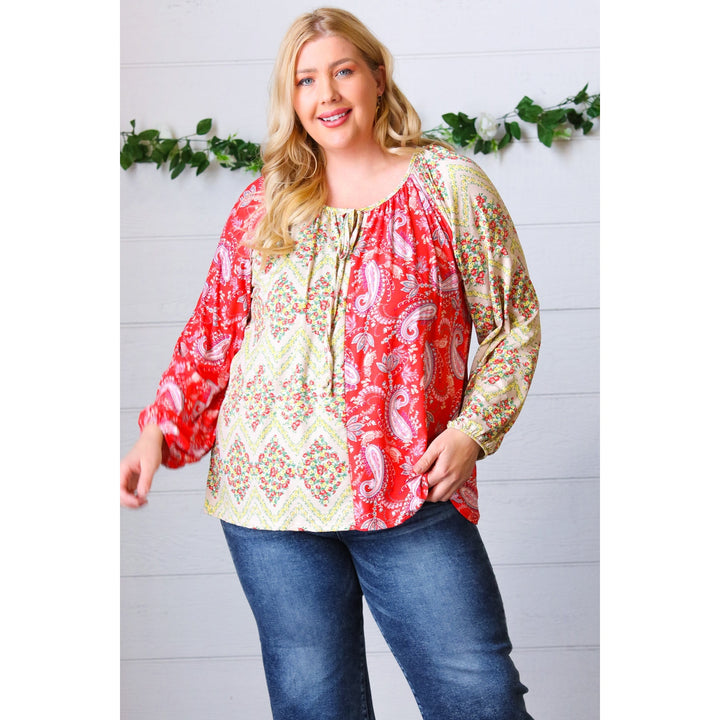 Scarlet Paisley and Floral Chevron Bubble Sleeve Top