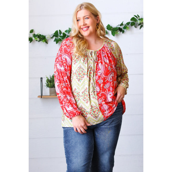 Scarlet Paisley and Floral Chevron Bubble Sleeve Top