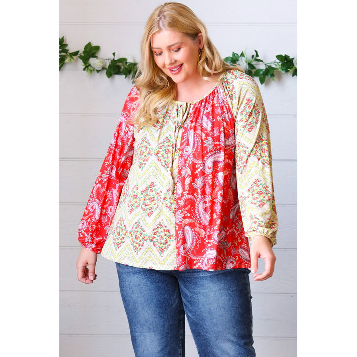 Scarlet Paisley and Floral Chevron Bubble Sleeve Top