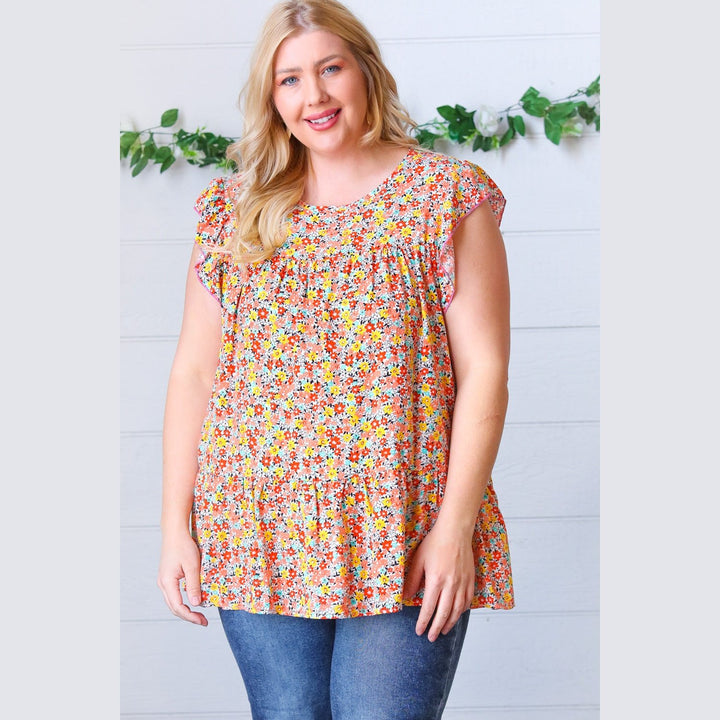 Sunset Floral Print Ruffle Tiered Keyhole Top