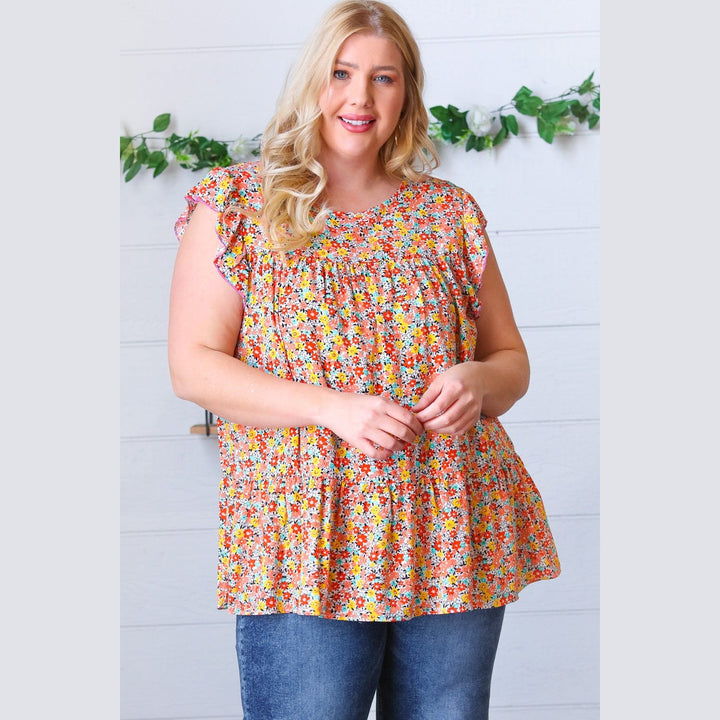 Sunset Floral Print Ruffle Tiered Keyhole Top