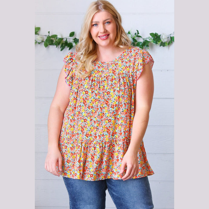 Sunset Floral Print Ruffle Tiered Keyhole Top