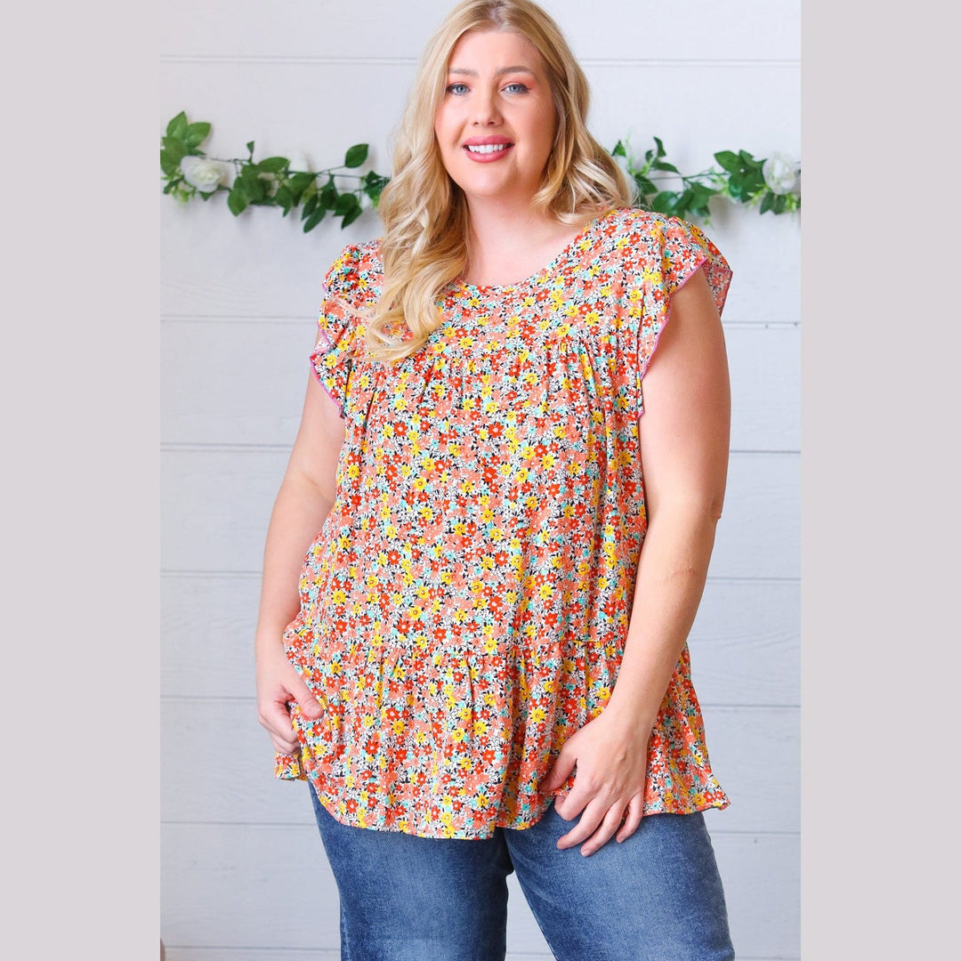 Sunset Floral Print Ruffle Tiered Keyhole Top