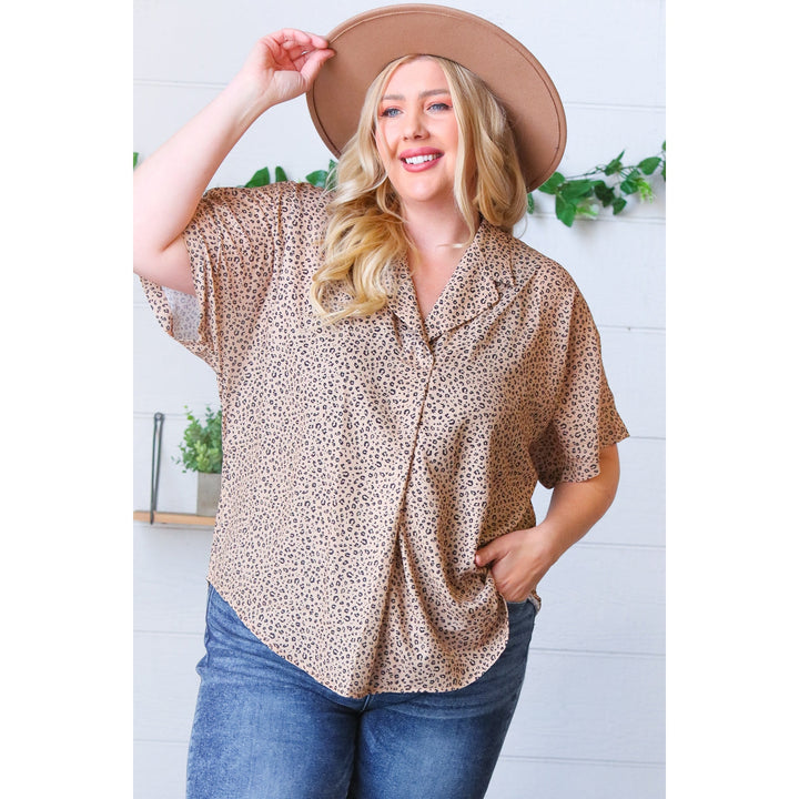 Cheetah Animal Print Collared V Neck Woven Dolman Top