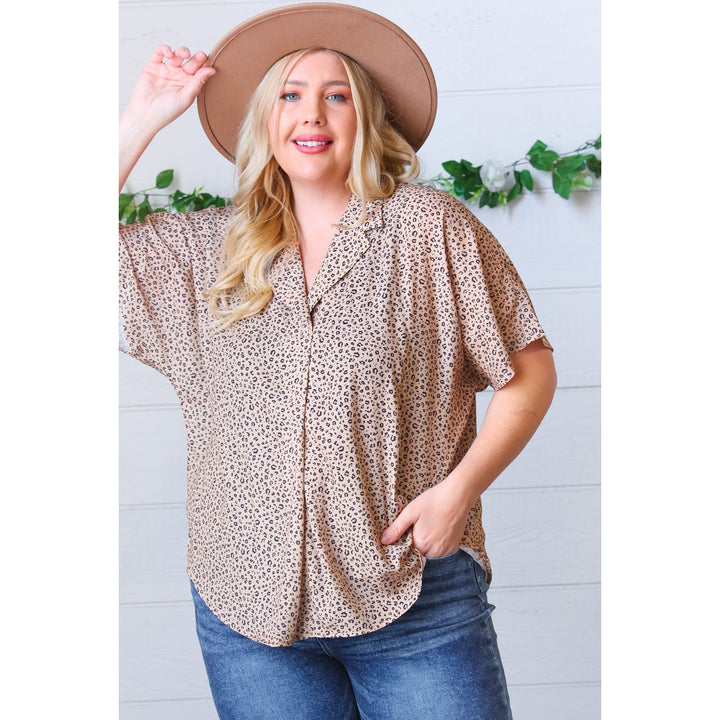 Cheetah Animal Print Collared V Neck Woven Dolman Top