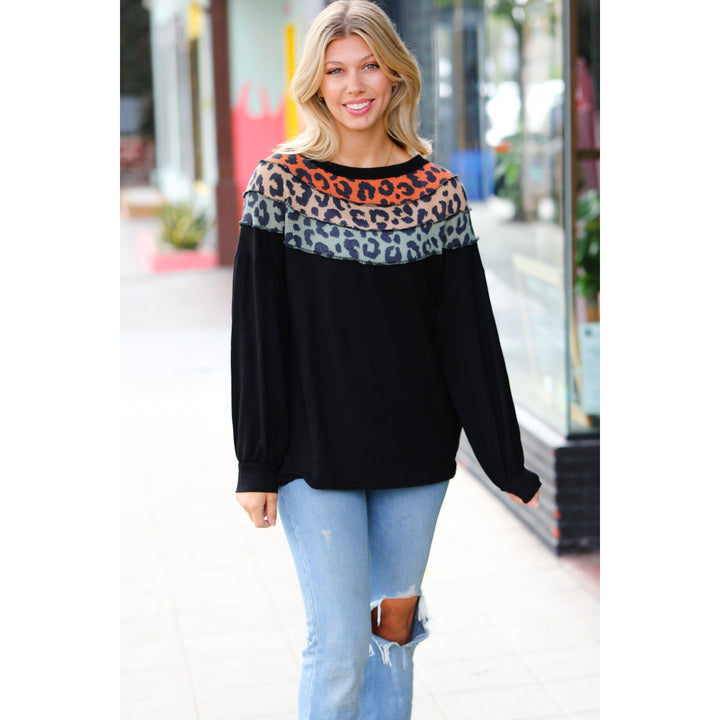 Black Multicolor Leopard Waffle Out Seam Top