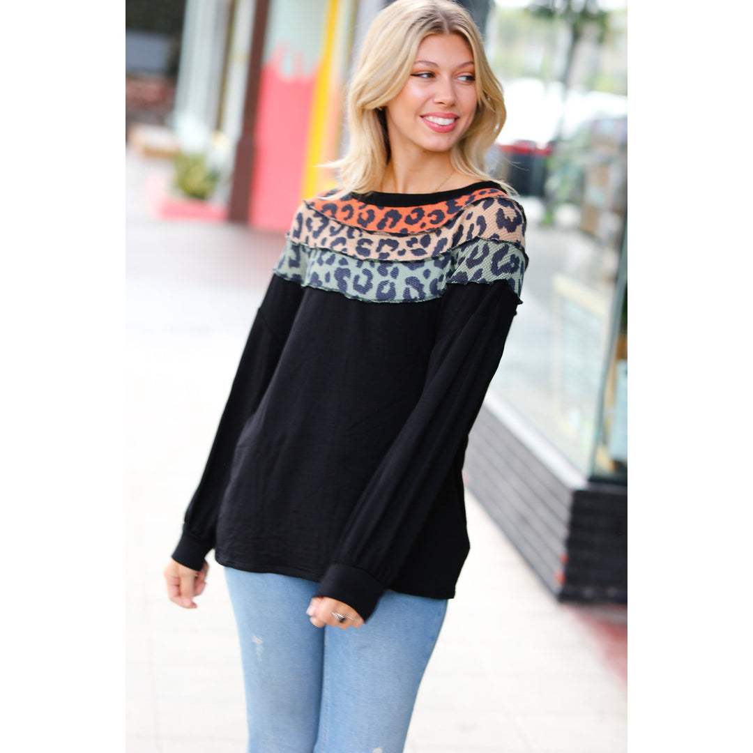 Black Multicolor Leopard Waffle Out Seam Top