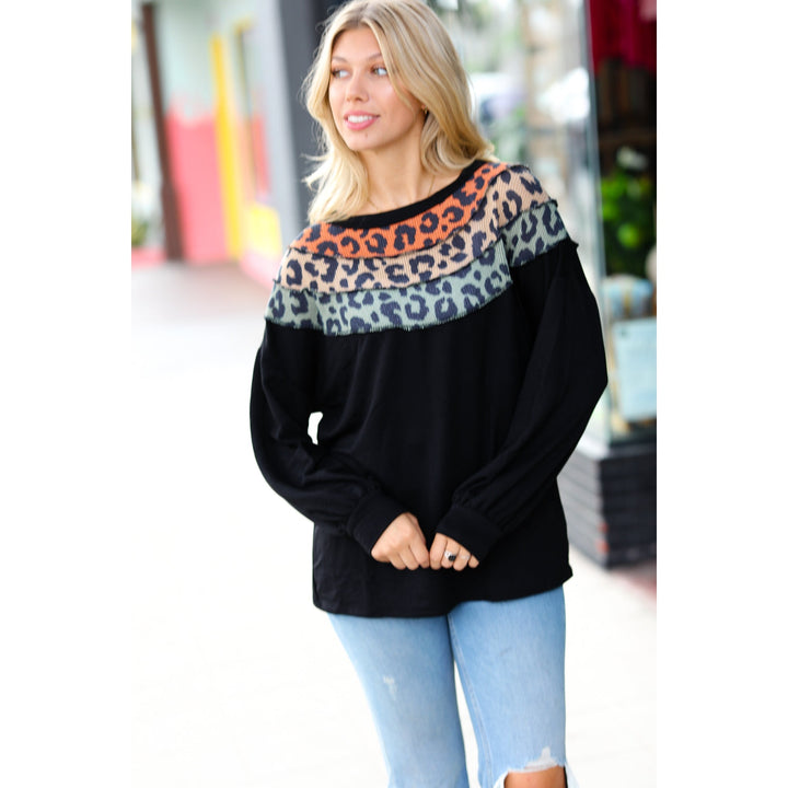 Black Multicolor Leopard Waffle Out Seam Top