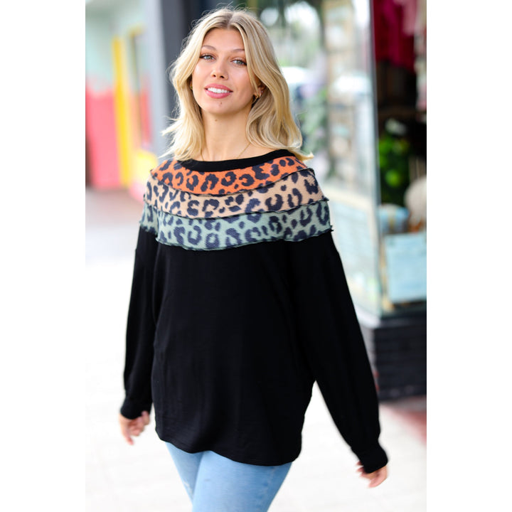 Black Multicolor Leopard Waffle Out Seam Top