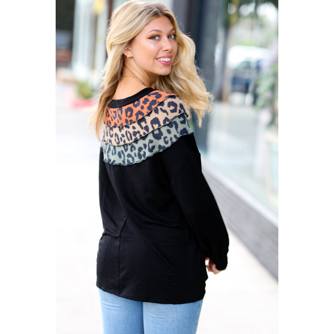 Black Multicolor Leopard Waffle Out Seam Top