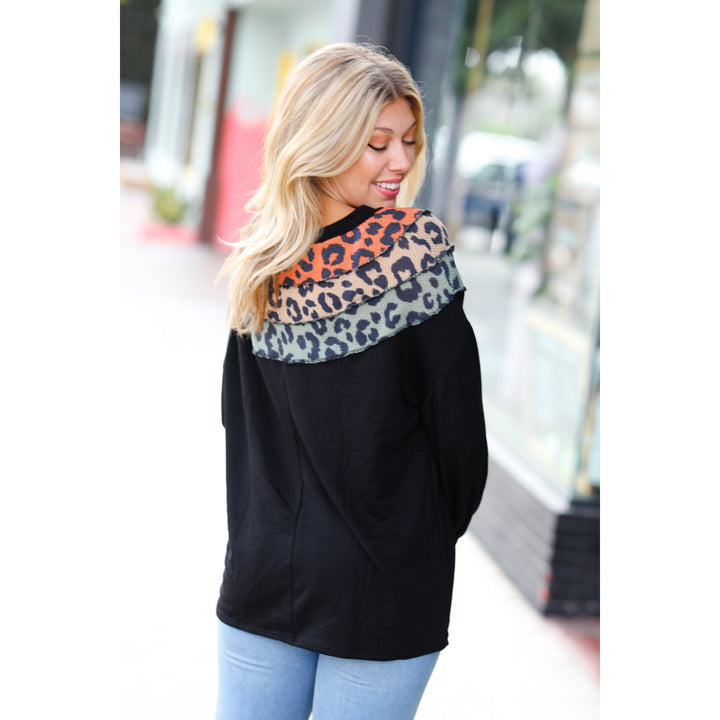 Black Multicolor Leopard Waffle Out Seam Top