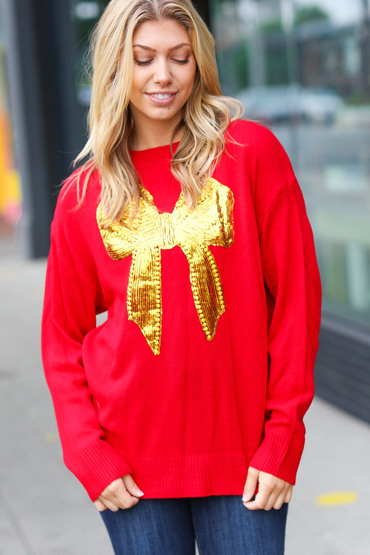 All I Want Red Sequin Bow Embroidery Knit Sweater