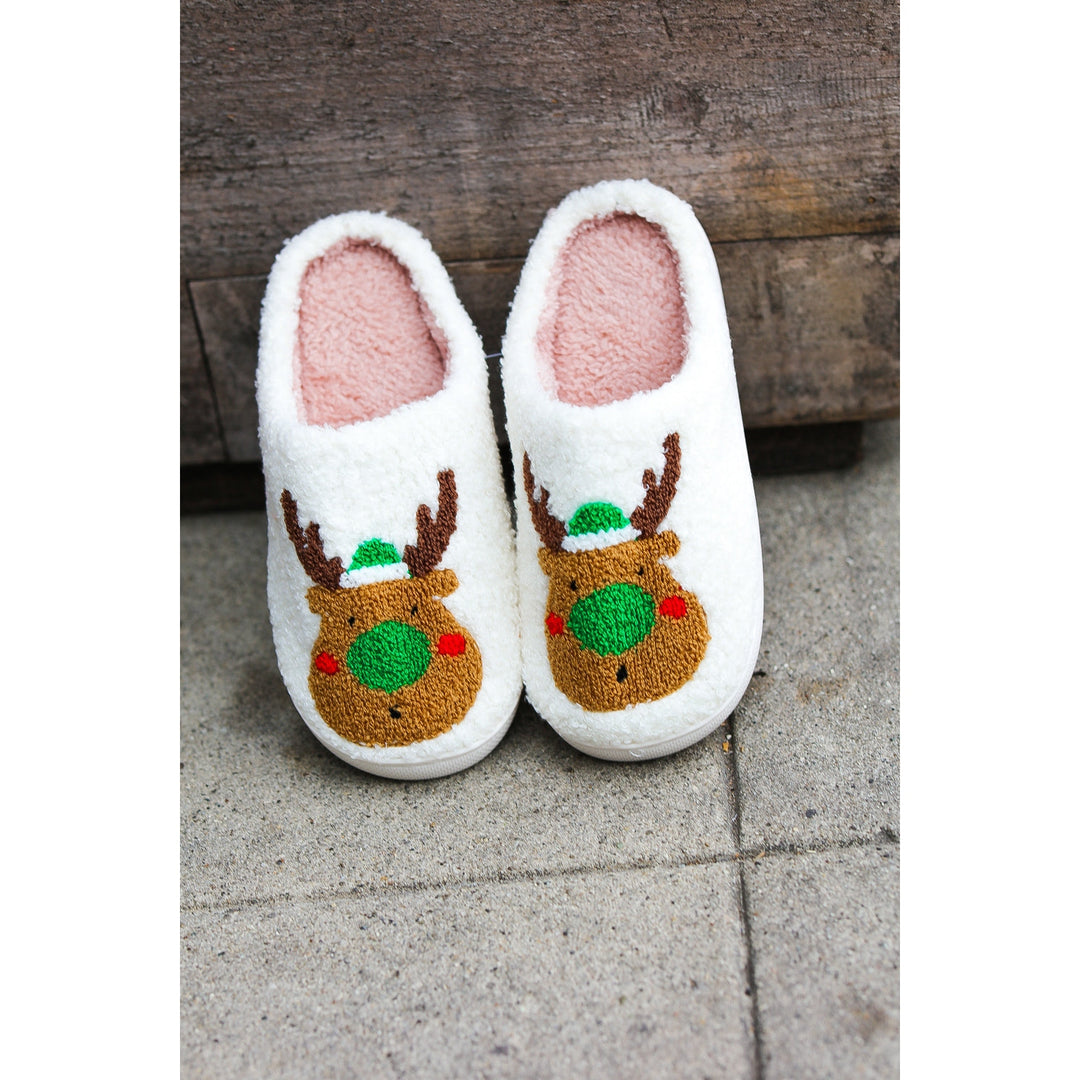 Holiday Reindeer Print Fleece Slippers