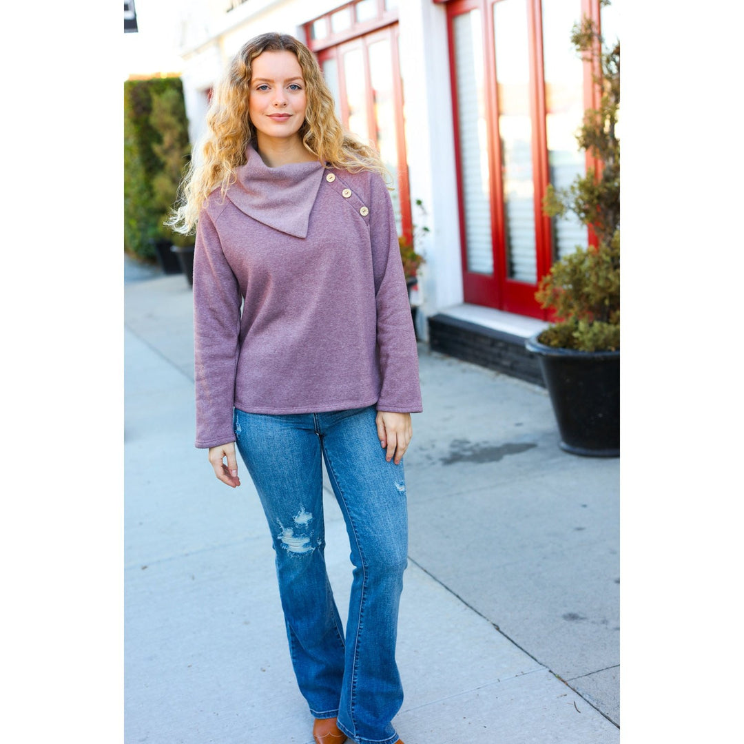 Tried And True Mauve Cowl Neck Button Detail Sweater