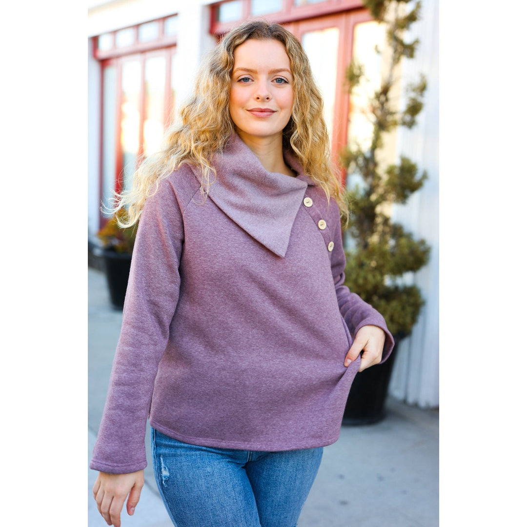 Tried And True Mauve Cowl Neck Button Detail Sweater