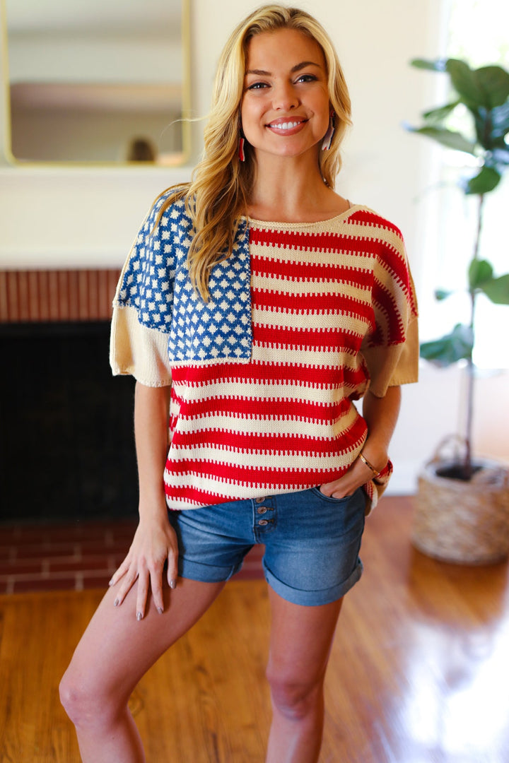 American Flag Jacquard Knit Sweater Top