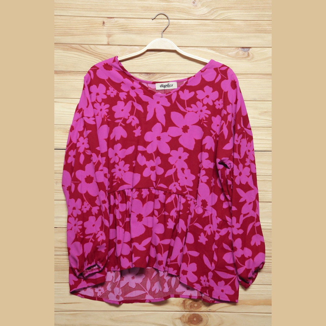 Red & Magenta Floral V Neck Woven Babydoll Top