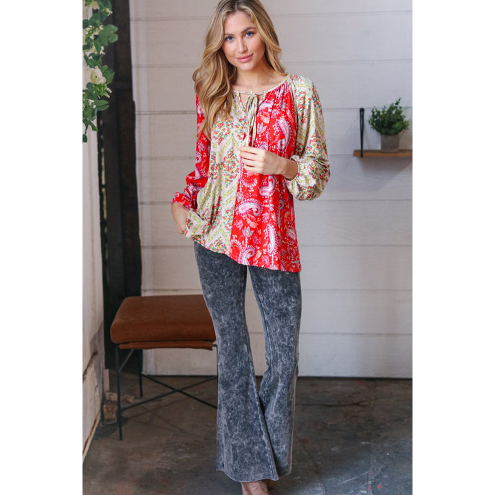 Scarlet Paisley and Floral Chevron Bubble Sleeve Top