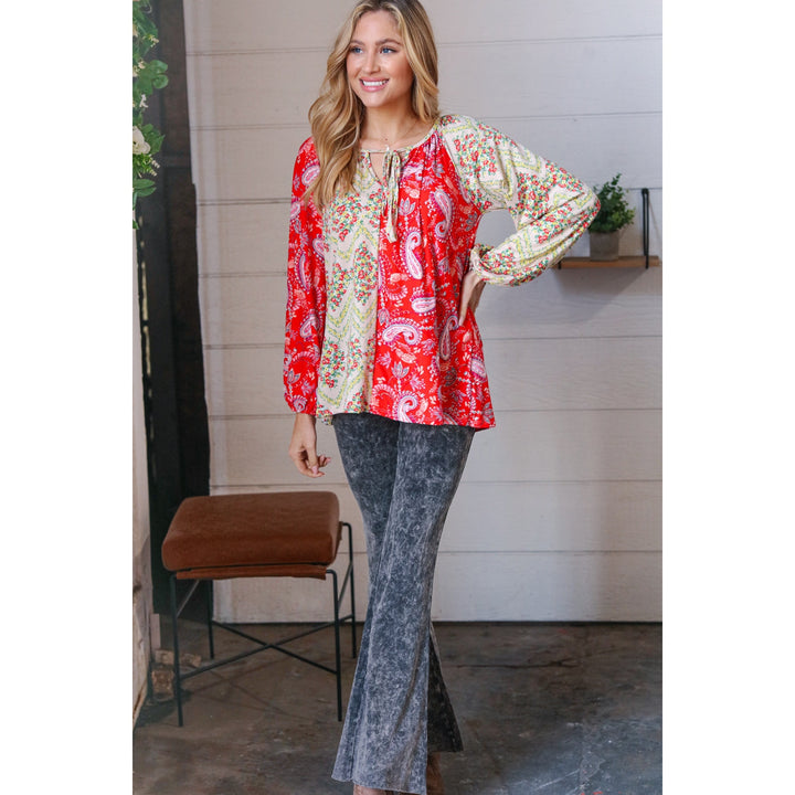 Scarlet Paisley and Floral Chevron Bubble Sleeve Top