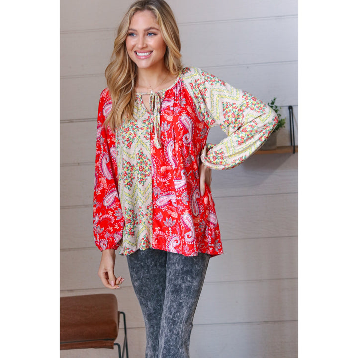 Scarlet Paisley and Floral Chevron Bubble Sleeve Top