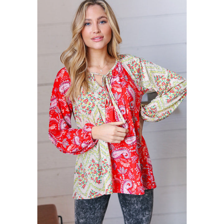 Scarlet Paisley and Floral Chevron Bubble Sleeve Top