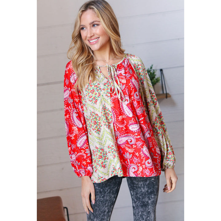 Scarlet Paisley and Floral Chevron Bubble Sleeve Top