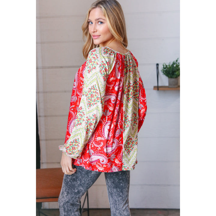 Scarlet Paisley and Floral Chevron Bubble Sleeve Top