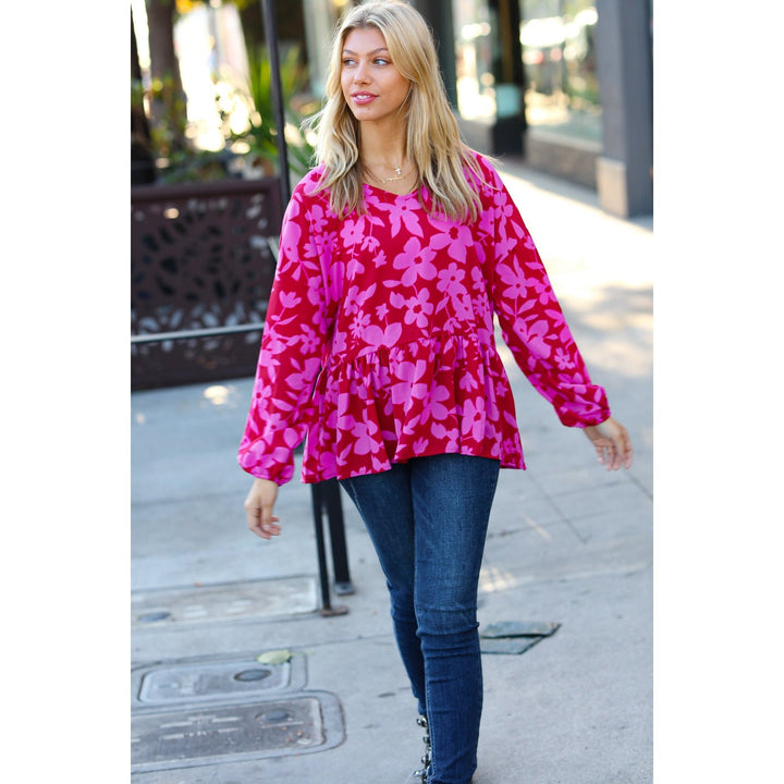 Red & Magenta Floral V Neck Woven Babydoll Top