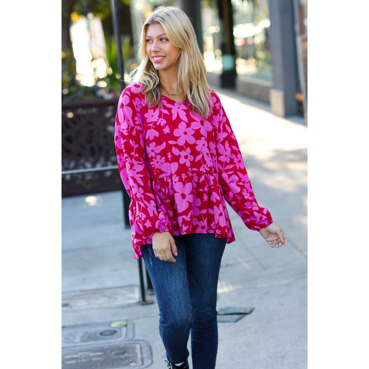 Red & Magenta Floral V Neck Woven Babydoll Top