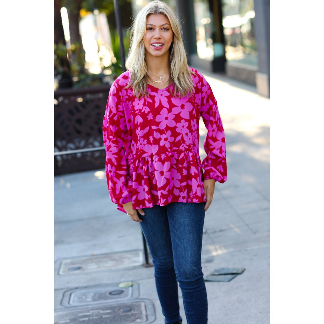 Red & Magenta Floral V Neck Woven Babydoll Top