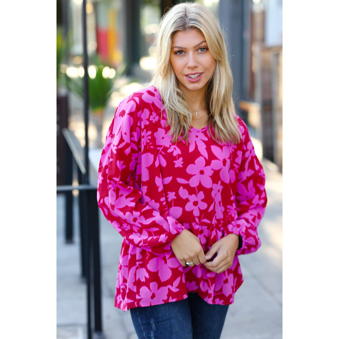 Red & Magenta Floral V Neck Woven Babydoll Top