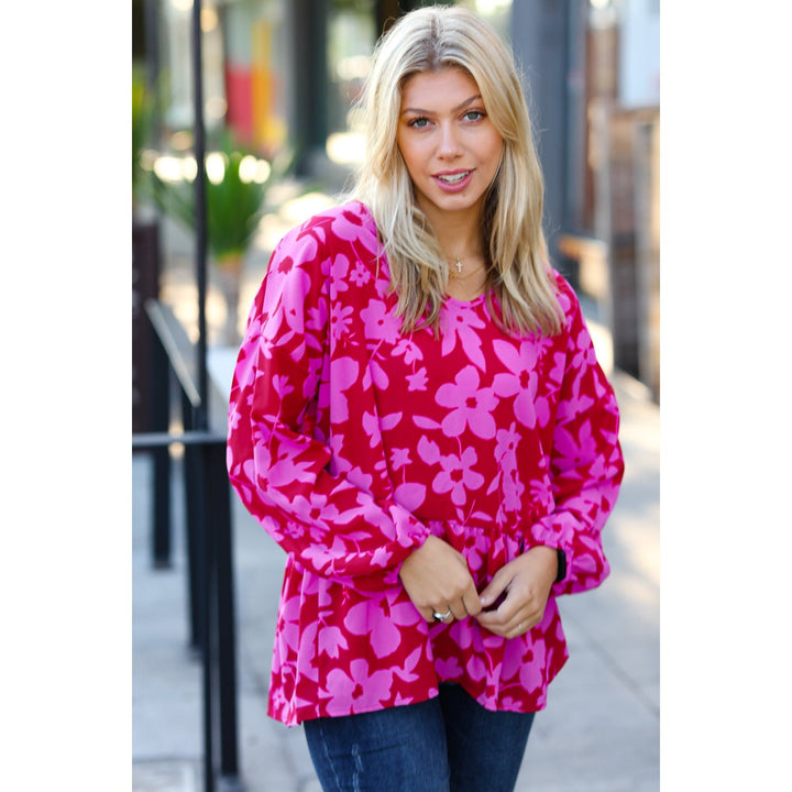 Red & Magenta Floral V Neck Woven Babydoll Top