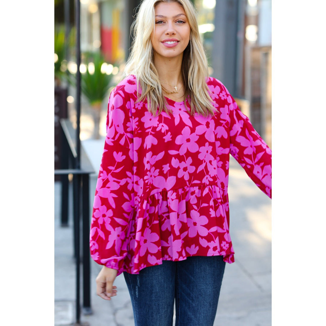 Red & Magenta Floral V Neck Woven Babydoll Top