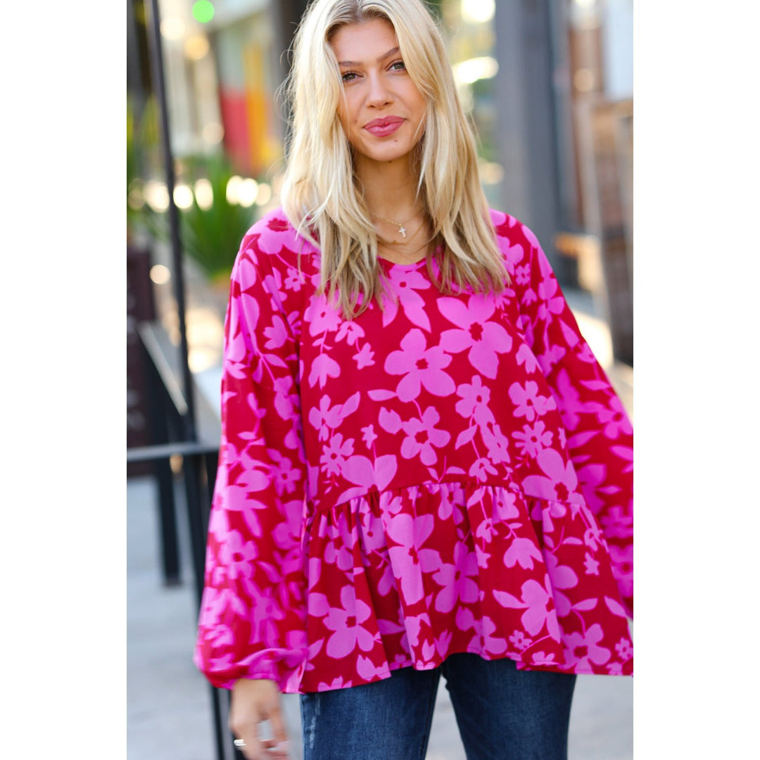 Red & Magenta Floral V Neck Woven Babydoll Top