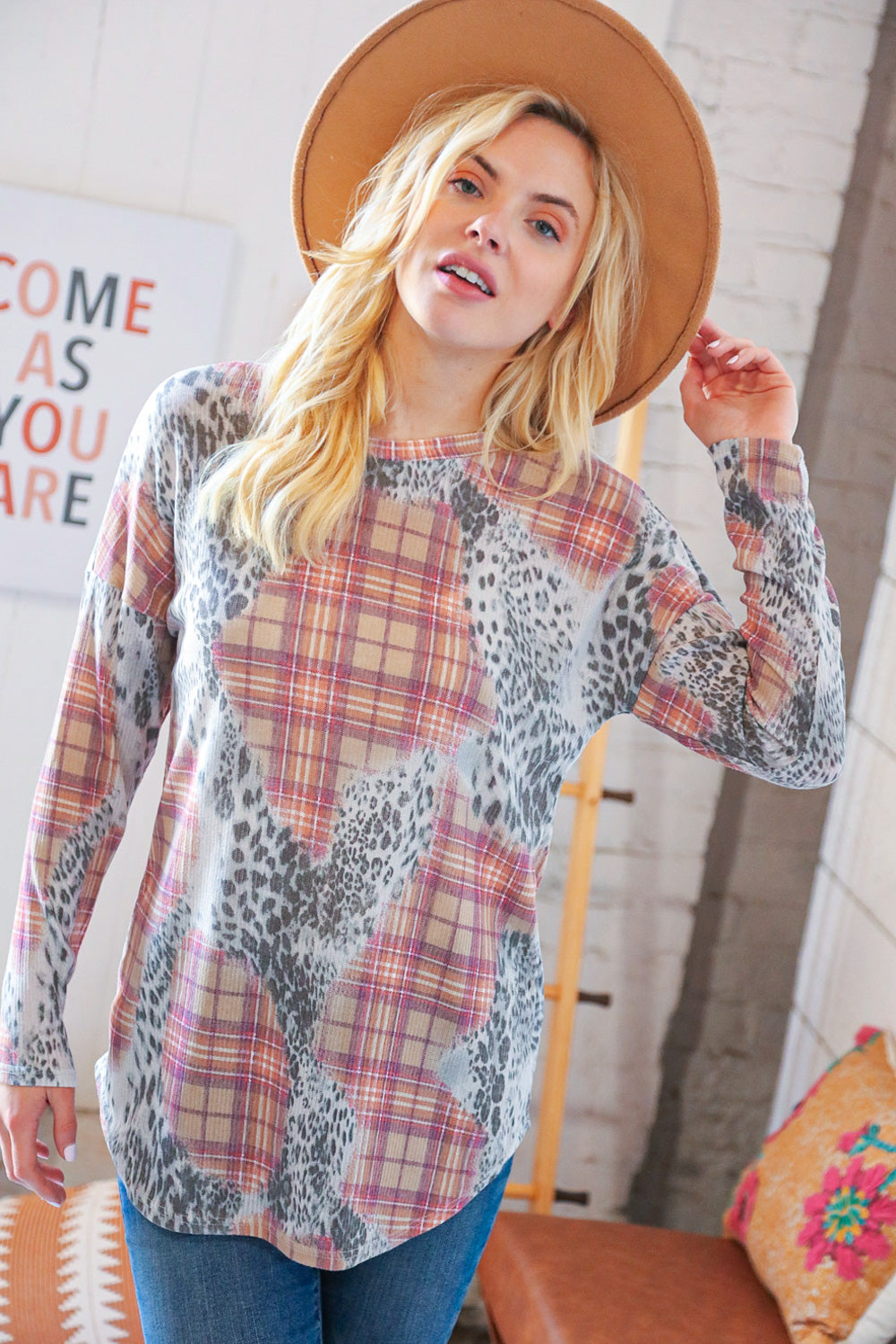 Taupe Leopard Plaid Rib Knit Round Neck Pullover