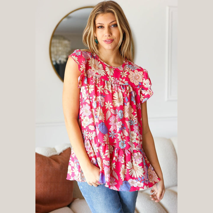 Fuchsia Floral Yoke Flutter Sleeve Back Neck Button Top