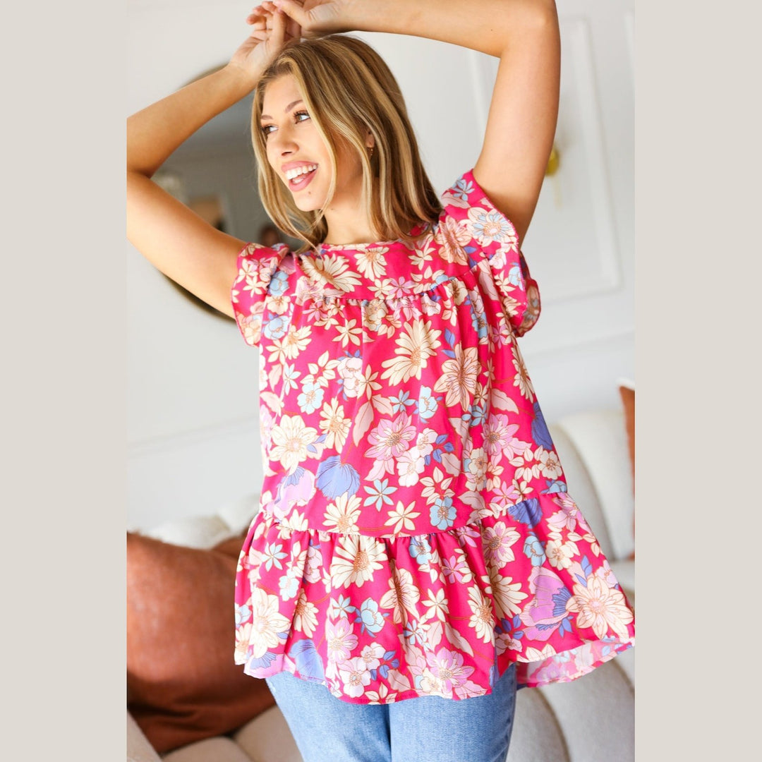 Fuchsia Floral Yoke Flutter Sleeve Back Neck Button Top