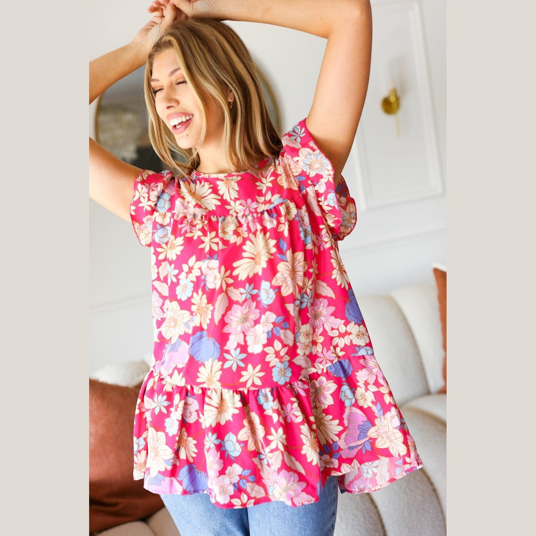 Fuchsia Floral Yoke Flutter Sleeve Back Neck Button Top