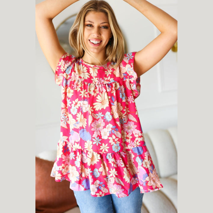 Fuchsia Floral Yoke Flutter Sleeve Back Neck Button Top