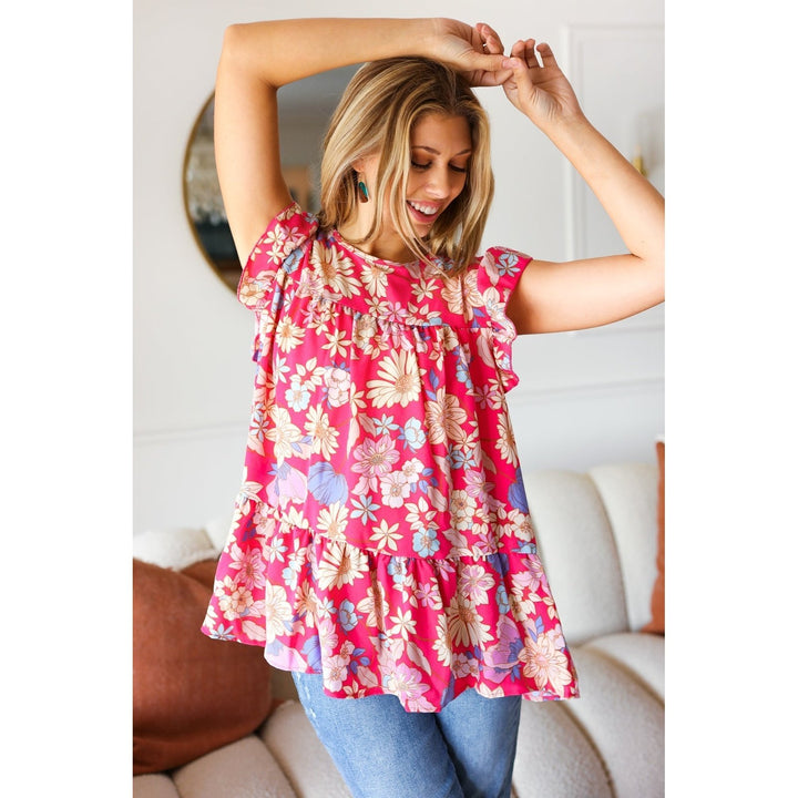 Fuchsia Floral Yoke Flutter Sleeve Back Neck Button Top