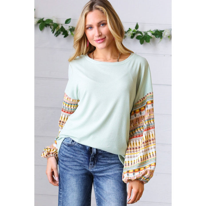 Sage Boho Print Challis Drop Sleeve Top